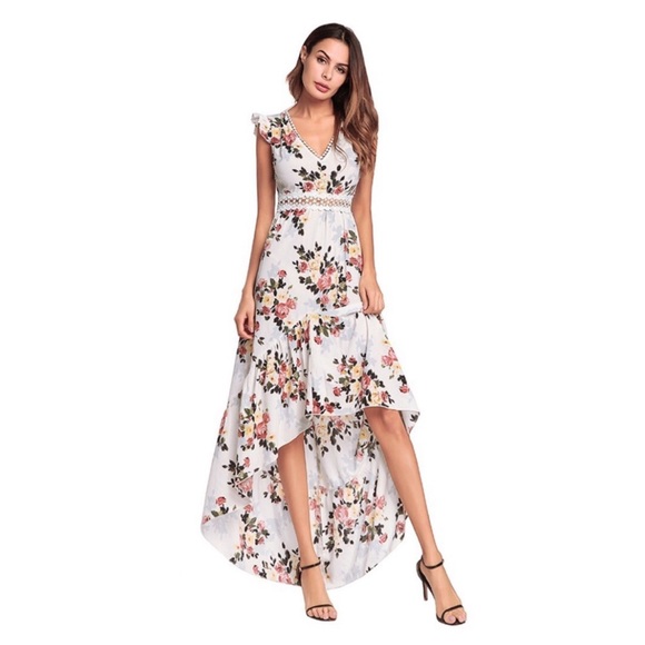 White Floral Cut Out Back Asymmetrical Dress - Picture 2 of 12